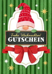 Gutschein-Weihnachtskarte Wichtel mit Schild