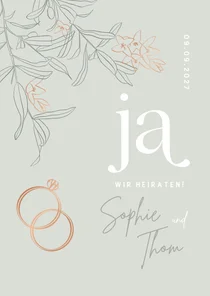 Hochzeitskarte Einladung Blüten & Ringe kupfer
