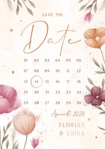 Kalenderkarte Save-the-Date elegante Blumen Aquarell