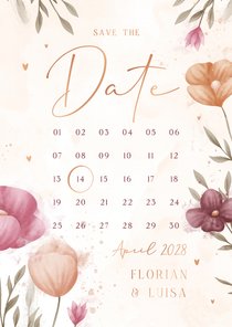 Kalenderkarte Save-the-Date elegante Blumen Aquarell