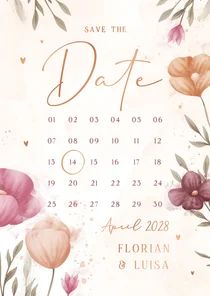 Kalenderkarte Save-the-Date elegante Blumen Aquarell