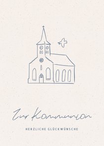 Karte Glückwunsch zur Kommunion mit Kirche und Taube