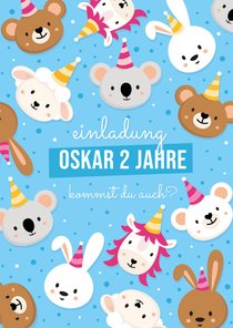 Kindergeburtstagseinladung 2 Jahre blau lustige Tiere