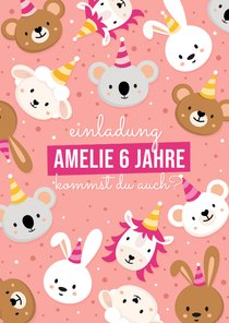 Kindergeburtstagseinladung pink lustige Tiere 6 Jahre