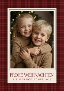 Klassische Weihnachtskarte Tartan dunkelrot mit Foto