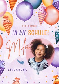 Lila Einladung zur Einschulung Ballons & Schultüten