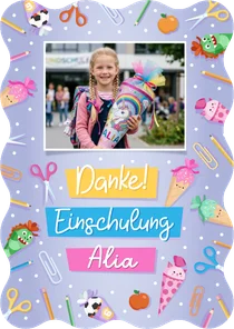 Lila Foto-Danksagung 1. Schultag Wellenform bunte Symbole