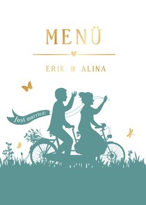 Menükarte Brautpaar Scherenschnitt Fahrrad