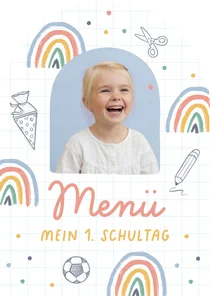 Menükarte Einschulung Foto, Regenbogen & Doodles