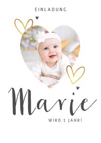 Moderne Einladung zum 1. Kindergeburtstag mit Foto als Herz