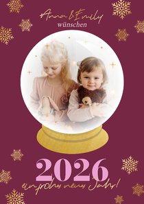 Neujahrskarte Foto in Schneekugel Schneeflocken