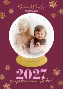 Neujahrskarte Foto in Schneekugel Schneeflocken
