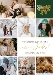 Neujahrskarte Fotoraster mit goldener Schleife 8 Fotos