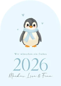 Neujahrskarte Pinguin mit Schal hellblau 2026