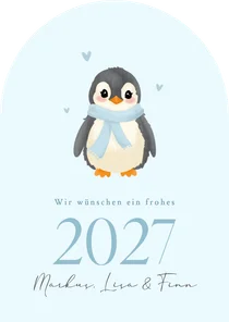 Neujahrskarte Pinguin mit Schal hellblau 2027