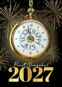 Neujahrskarte Uhr und Feuerwerk