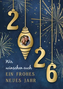 Neujahrskarte Weihnachtskugeln mit Foto '2026'