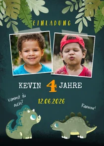 Niedliche Einladung zum Kindergeburtstag mit Dinos und Fotos