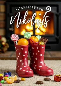 Nikolaus Weihnachtskarte gefüllte Stiefel Kamin