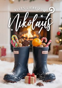 Nikolauskarte Gummistiefel Schnee Kamin Adventsgrüße