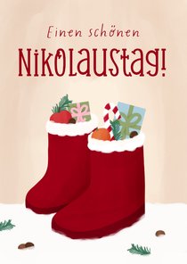 Nikolauskarte Stiefel im Schnee & Geschenke