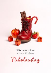 Nikolauskarte Stiefel Süßigkeiten und Geschenke