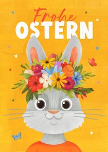 Osterkarte Osterhase mit Blumen