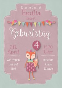 Rosa Einladungskarte 4. Kindergeburtstag kleiner Fuchs