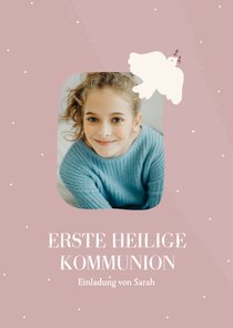 Rosa Kommunionskarte weiße Taube mit Foto