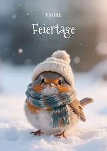 Rotkehlchen im Schnee Weihnachtskarte Mütze und Schal