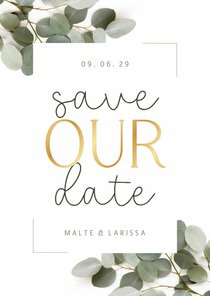 Save-Our-Date-Karte Eukalyptus & Goldschrift