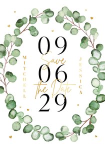 Save-the-Date-Hochzeitskarte Eukalyptuskranz Aquarell