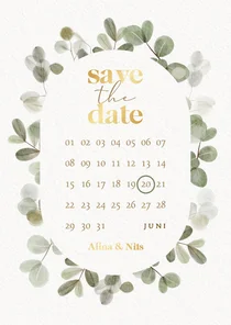 Save-the-Date-Hochzeitskarte Gold & Eukalyptuskranz