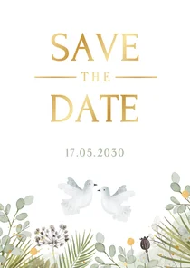 Save the Date Hochzeitskarte zwei weiße Tauben grüne Zweige