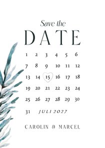 Save-the-Date-Karte Blatt Aquarell blaugrün mit Kalender 