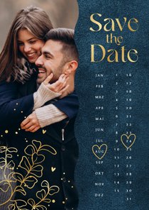 Save-The-Date-Karte Kalender Hochzeitstermin Goldblätter