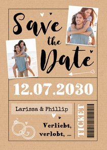 Save-the-Date-Karte mit Fotos Ticket Kraftpapier