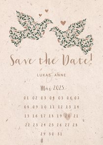 Save-the-Date-Karte mit Tauben & Kalender natürlicher Look