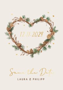 Save-the-Date-Karte Tannenzweige Herz Winterhochzeit
