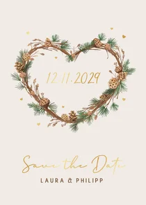 Save-the-Date-Karte Tannenzweige Herz Winterhochzeit