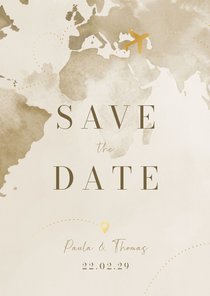 Save-the-Date-Karte Weltreise und Flugzeug mit Gold