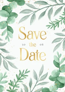 Save-the-Date-Karte zur Hochzeit Blattgrün & Text in Gold