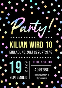 Schwarze Partyeinladung bunte Konfetti 10. Kindergeburtstag