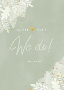 Stilvolle Hochzeitseinladung Dschungelblätter und Foto innen