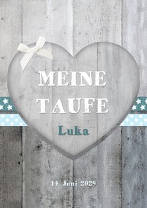 Taufheft Holzherz blaue Bänder