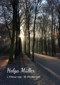 Trauerkarte Einladung Trauerfeier Waldweg & Sonnenuntergang