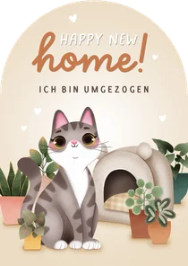 Umzugskarte Katze mit Körbchen 'Happy New Home'