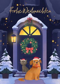 Umzugskarte zu Weihnachten Haustiere im Schnee