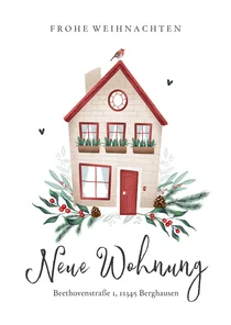 Umzugskarte zu Weihnachten mit Haus und Tannengrün