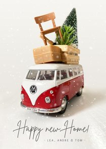 Vintage Umzugs-Weihnachtskarte mit VW Bus und Möbeln